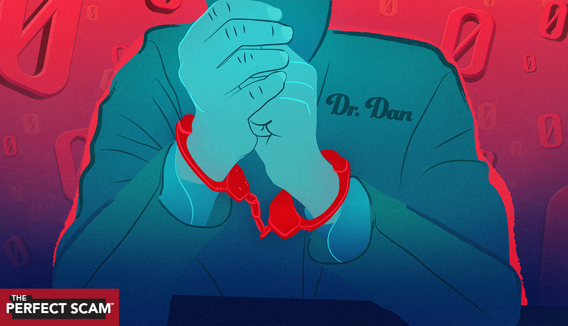 illustration of a fake doctor wearing handcuffs 