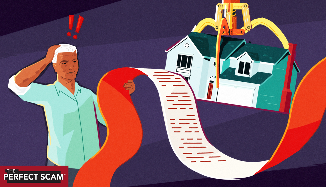 illustration of a man reading a very long contract and looking confused, with exclamation points over his head. In the background a machine claw is picking up his house