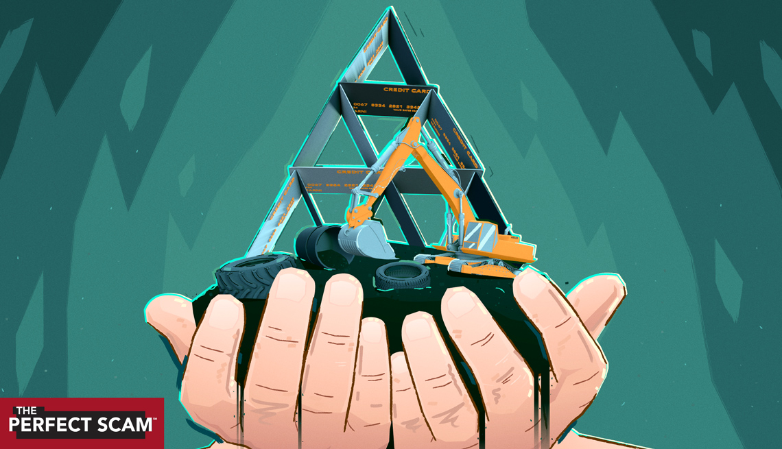 illustration of hands holding a pyramid of cards with a bulldozer and tires in front of it - environmental pyramid scheme theme