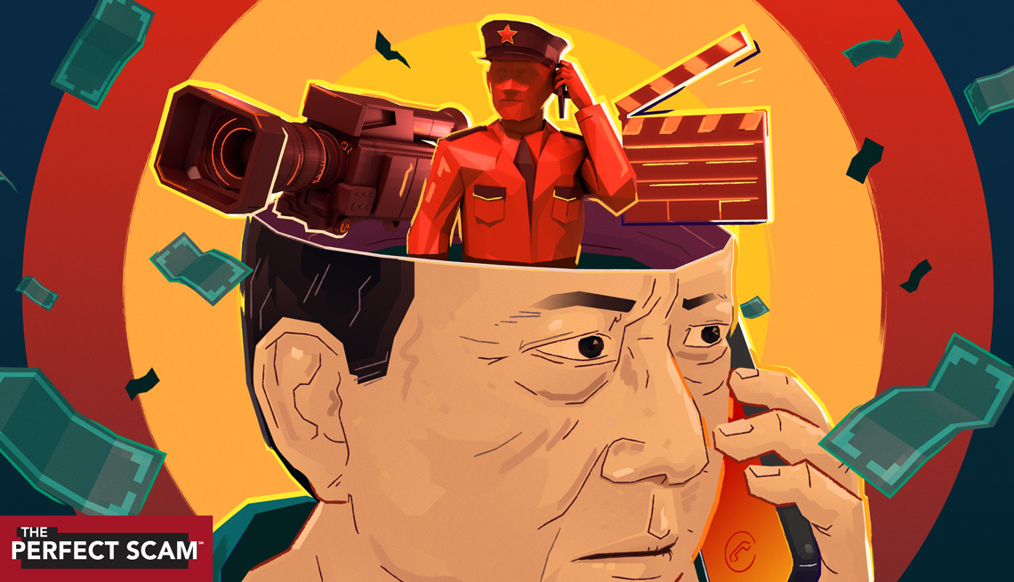 conceptual illustration of a man talking on a cell phone with images coming out of his brain including a police officer, a movie camera and movie clapboard