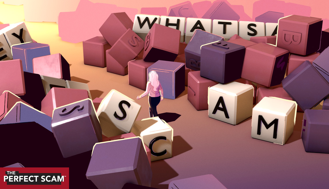 illustration of a woman walking through the letters of the Words With Friends game that spell out Whats a Scam
