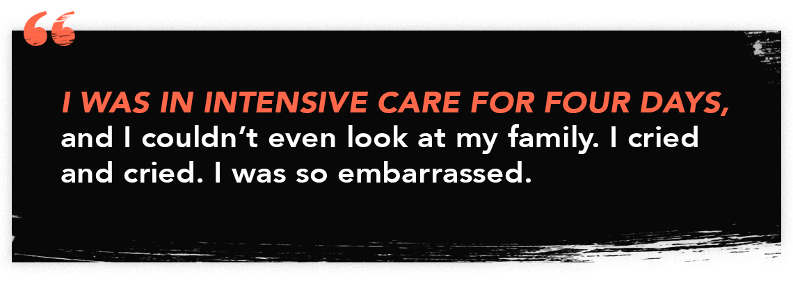 infographic quote that reads "I was in intensive care for four days, and I couldn't even look at my family. I cried and cried. I was so embarrassed."