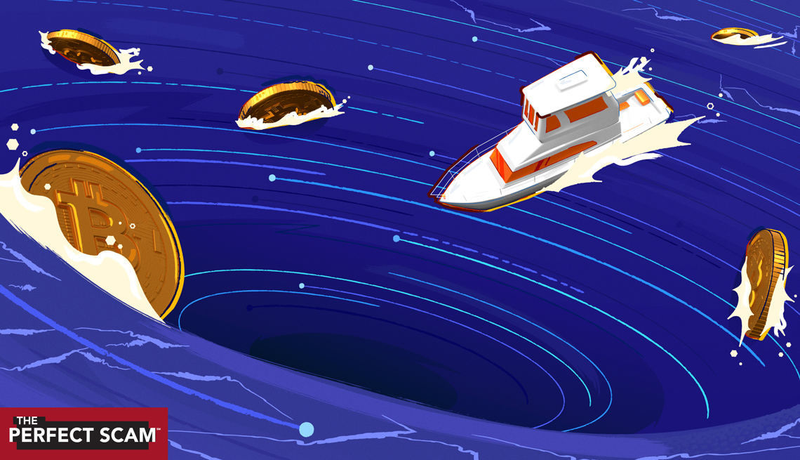 illustration of a boat falling into a whirlpool in the ocean surrounded by cryptocurrency coins