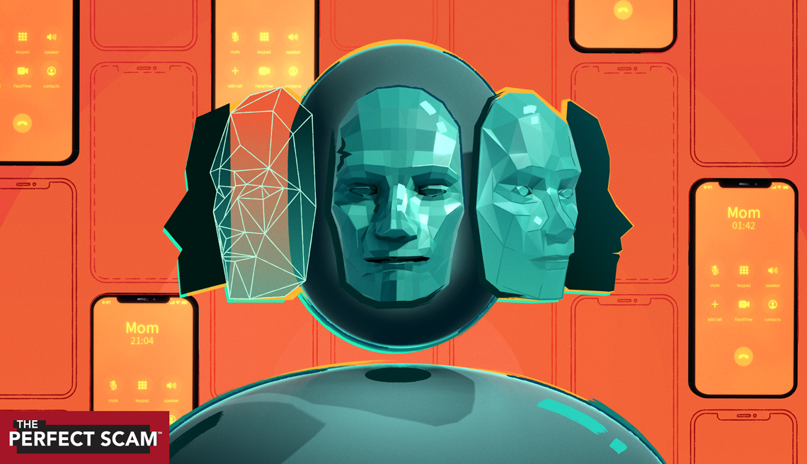illustration of virtual faces with smart phones behind them - artificial intelligence concept