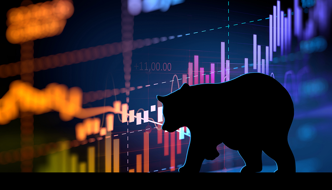 Silhouette of a bear walking into frame against an illuminated background of colorful financial stock market charts