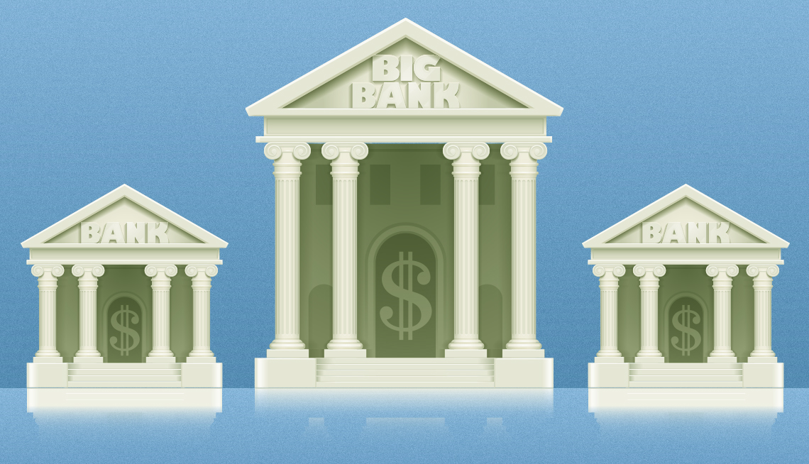 Ilustración de tres fachadas de banco antiguo con un signo de dinero al fondo
