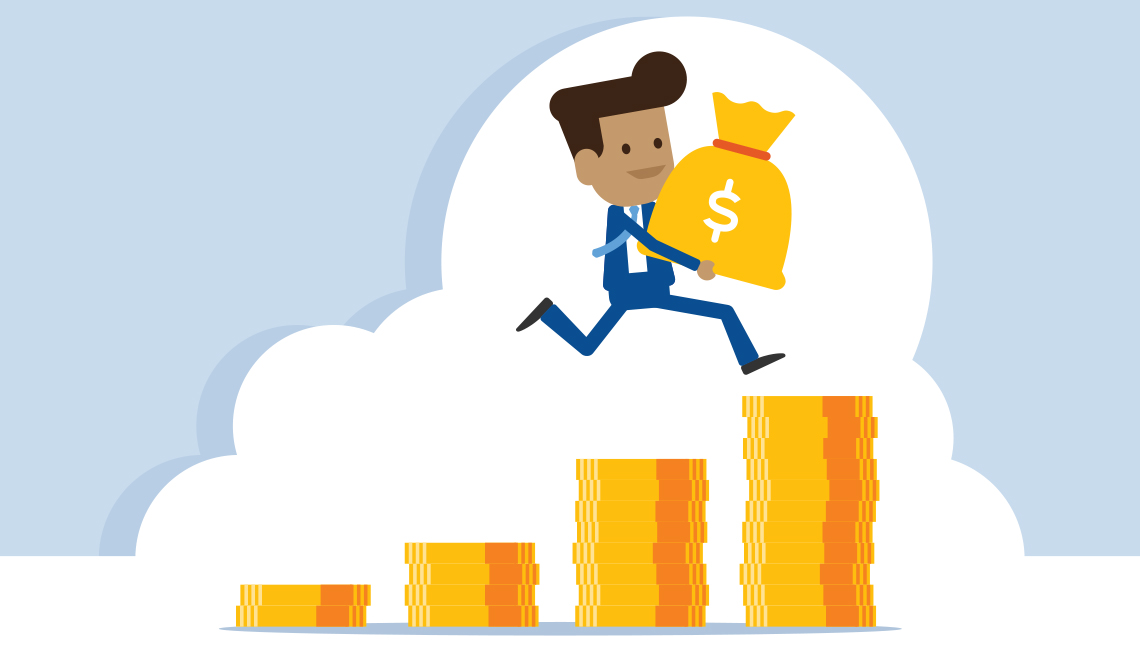 Ilustración de monedas apiladas en forma de escalera y una persona saltando entre ellas con una bolsa de dinero