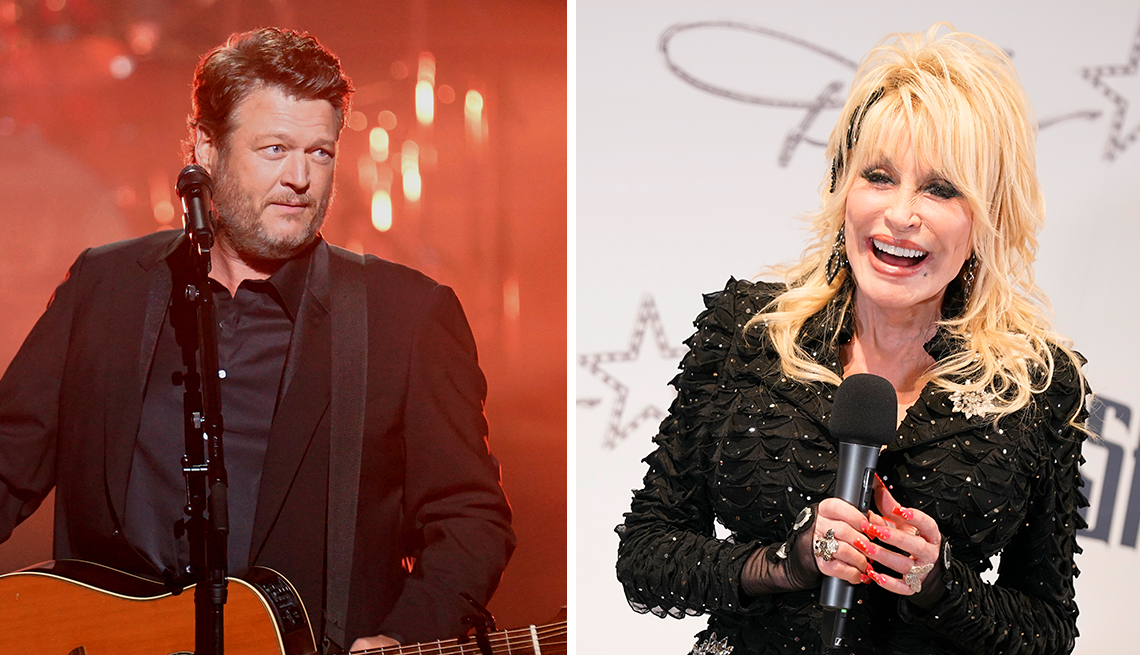 Blake Shelton performs on stage during the 2023 People's Choice Country Awards held at the Grand Ole Opry House on September 28, 2023 in Nashville, Tennessee.  Dolly Parton attends the Dolly! All Access Pop-Up Store Preview & Press Conference at The Star in Frisco on May 09, 2023 in Frisco, Texas.