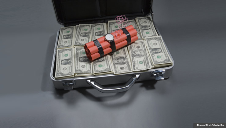 Briefcase with money and dynamite - Beware of prizes that require fees.