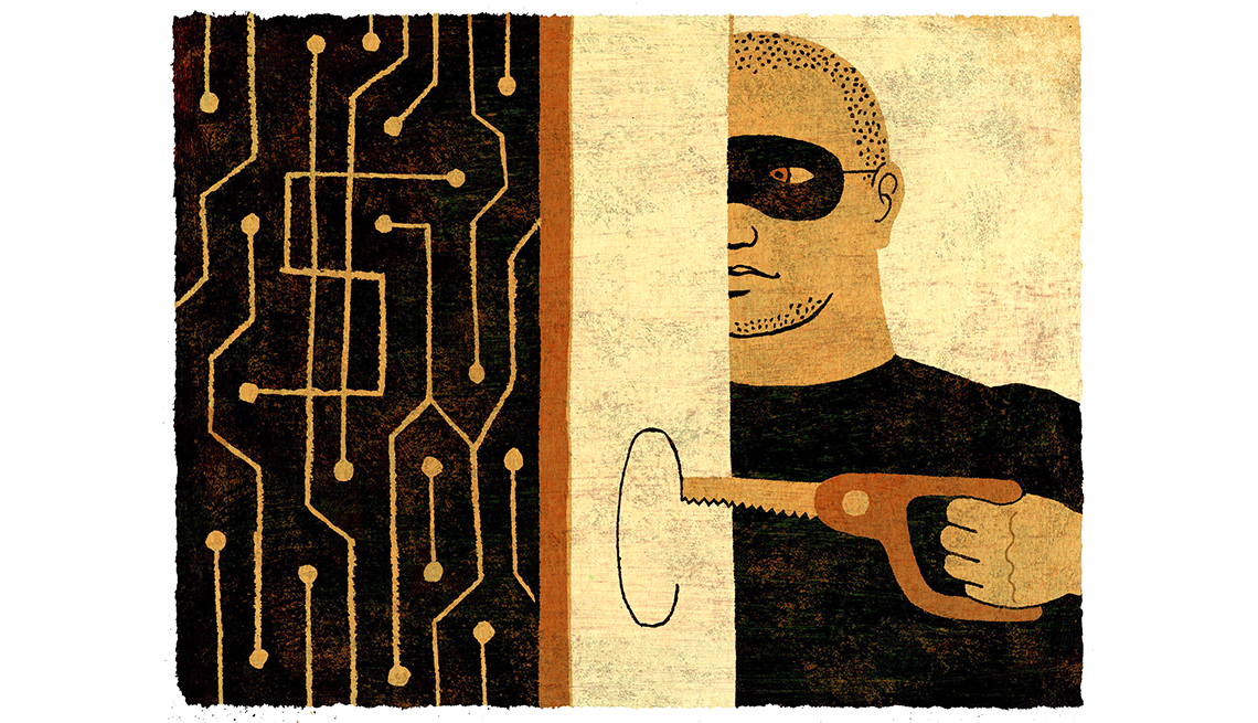Ilustración de un hombre con antifaz haciendo un hueco en una pared para acceder a un servidor, y protege tu identidad en el mundo digital