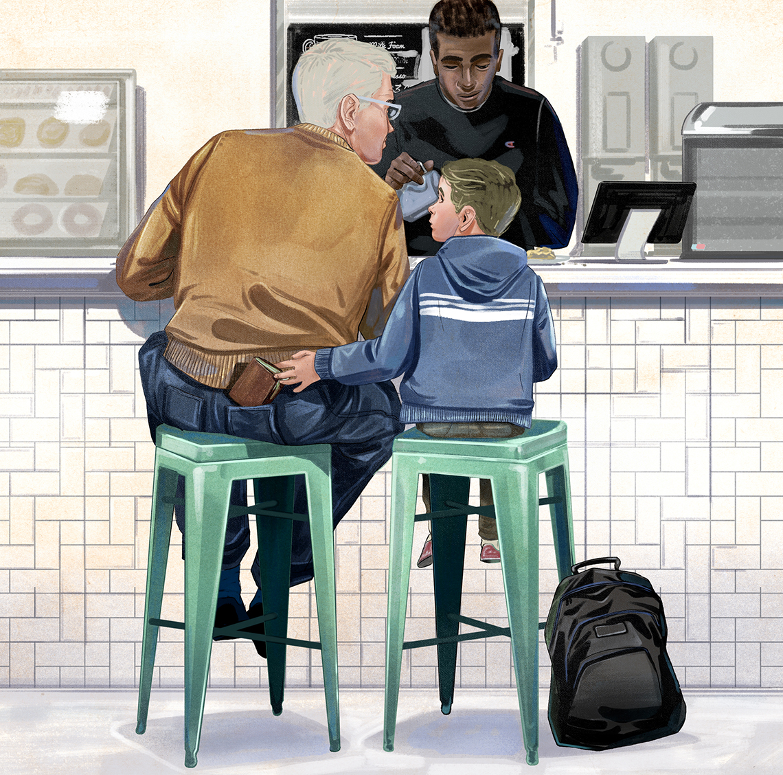 illustration of a boy stealing the wallet of an older man 