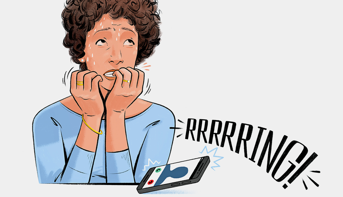 illustration of a woman worried about answering her phone 