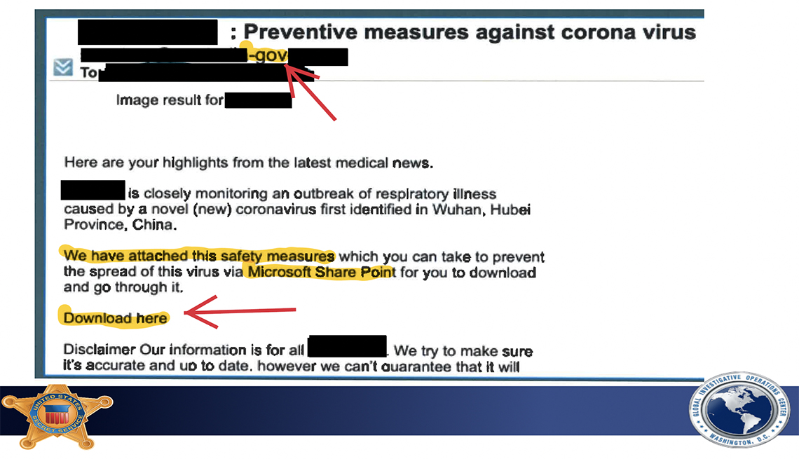 Ejemplo de un correo electrónico falso del coronavirus usado en una estafa.
