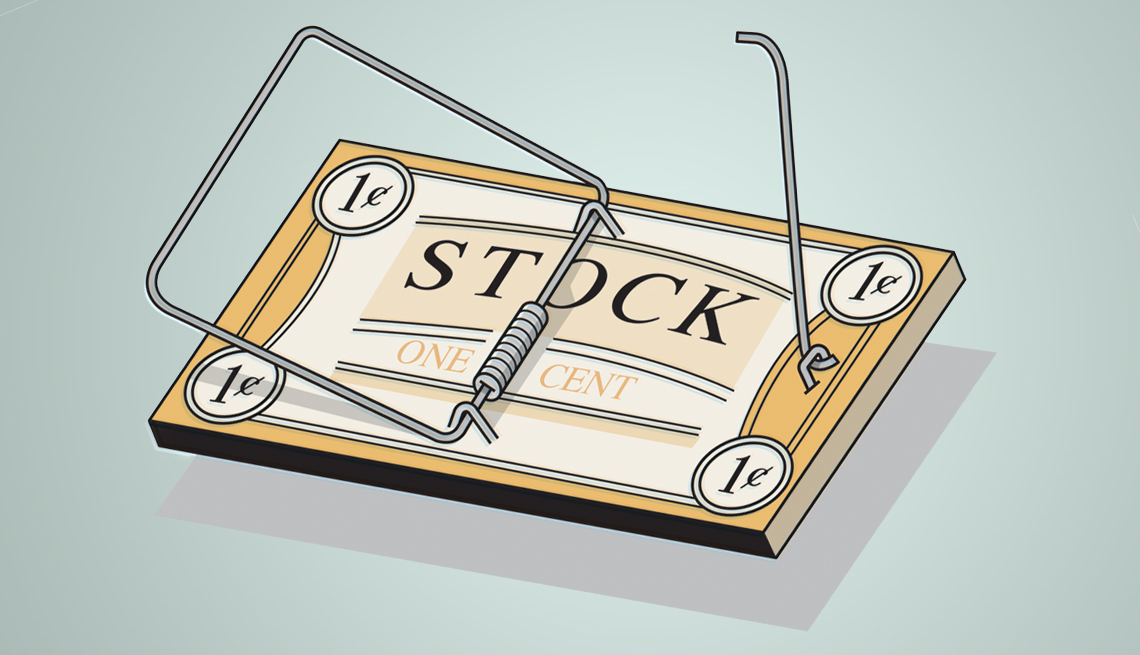 illustration of a mousetrap that has an image of a penny stock certificate pictured on its wooden base