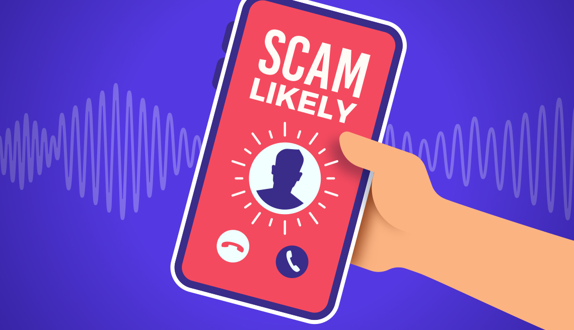 graphic illustration of a hand holding a ringing mobile phone with a likely scam call coming in
