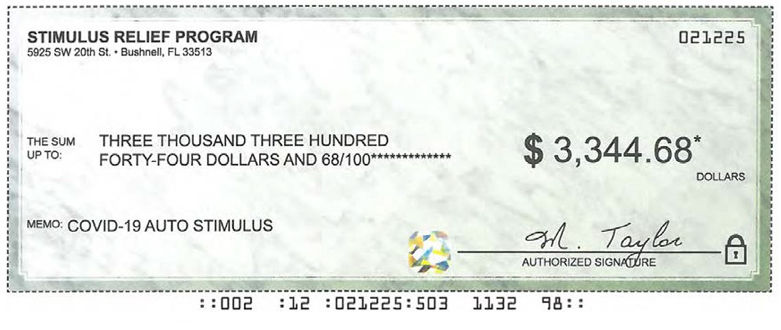 image of a fraudulent check for three thousand three hundred forty four dollars and sixty eight cents with no addressee and a note that it is for covid auto stimulus
