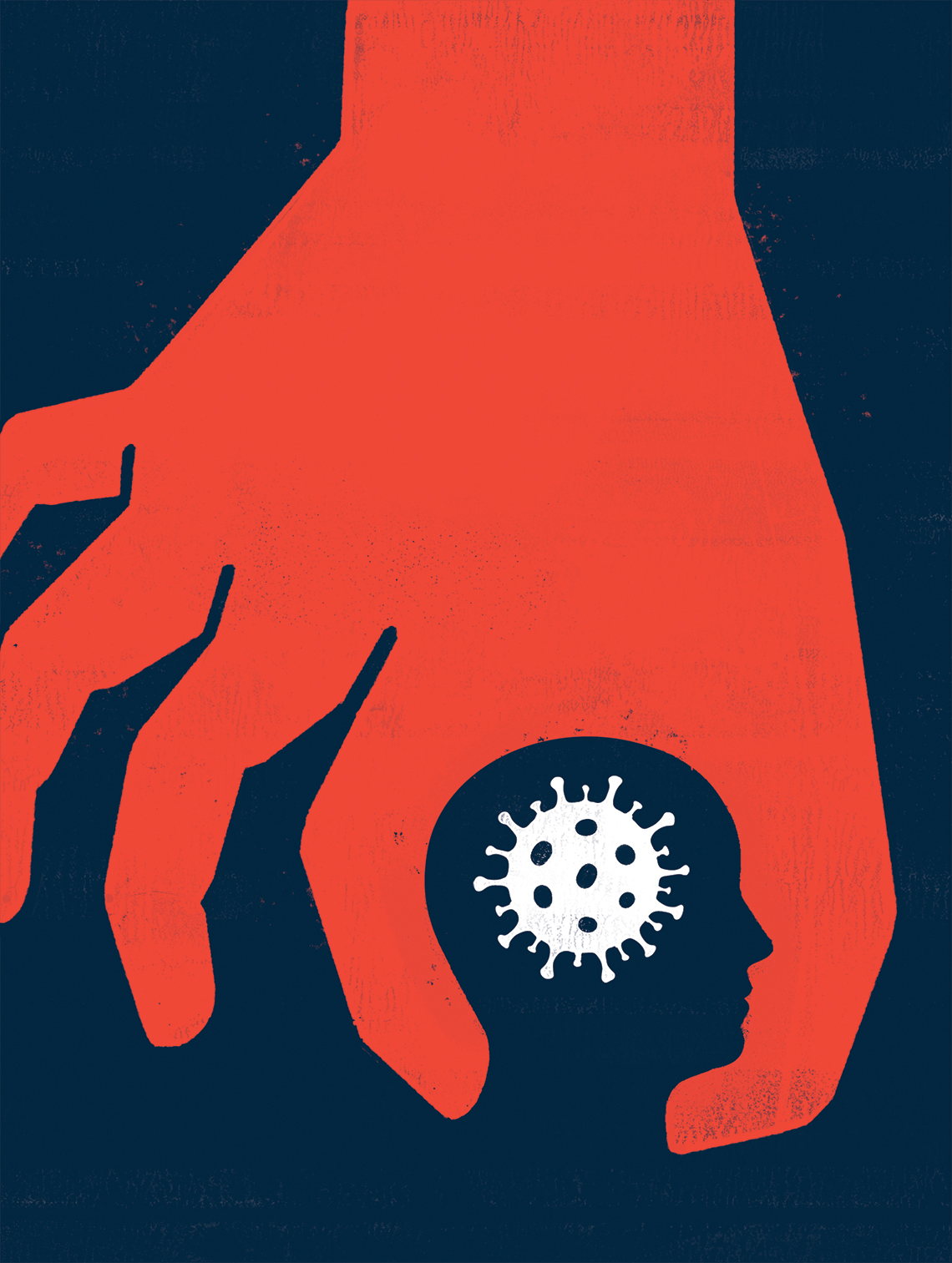 dramatic illustration of a large red hand with first finger and thumb encircling a head with the coronavirus cell where the brain is