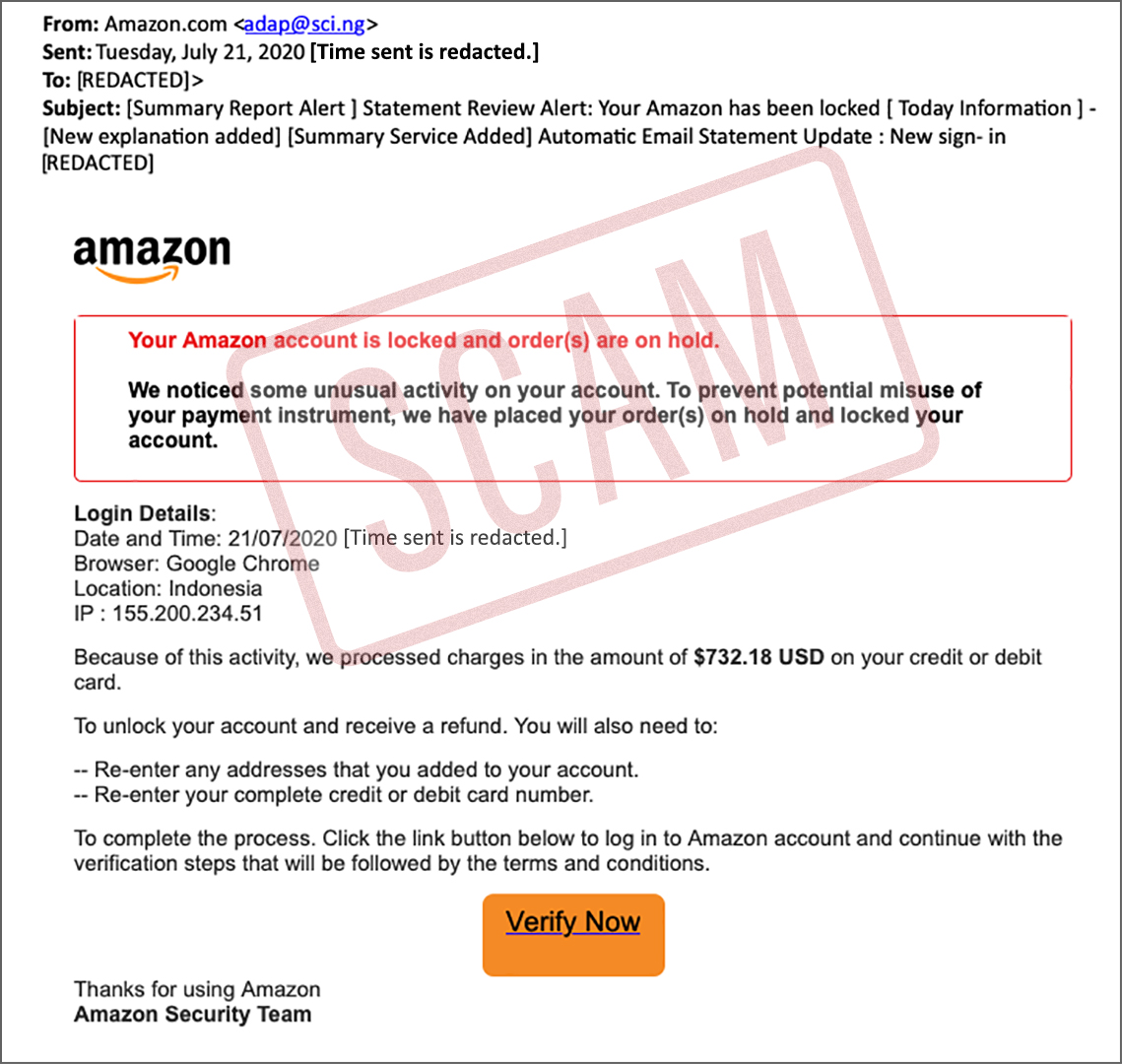 screenshot of a scam email purported to be from amazon