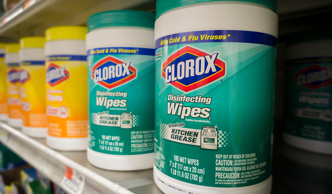 Containers of Clorox disinfecting wipes are seen on a supermarket shelf