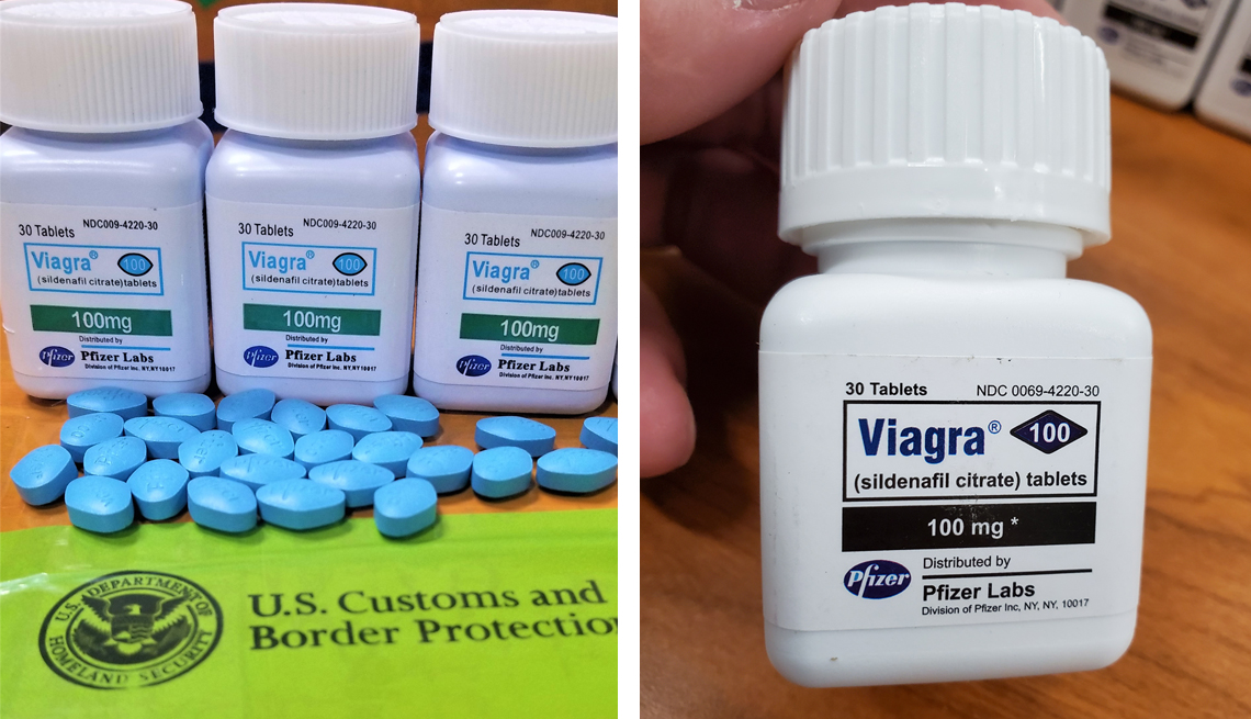 Botellas y píldoras de viagra confiscadas por la Agencia de Aduanas de Estados Unidos