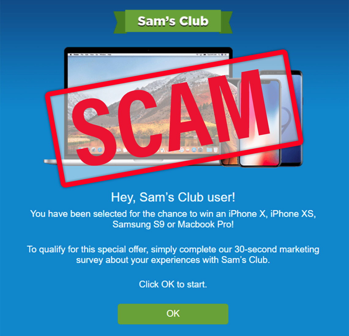 phishing email posing as a sams club promotion with the stamp labeled scam on top of it