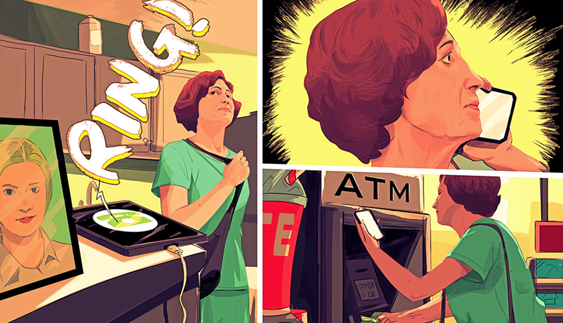 cartoon strip style illustration of a phone ringing the woman answering and then getting cash out of an a t m machine while still talking on the phone