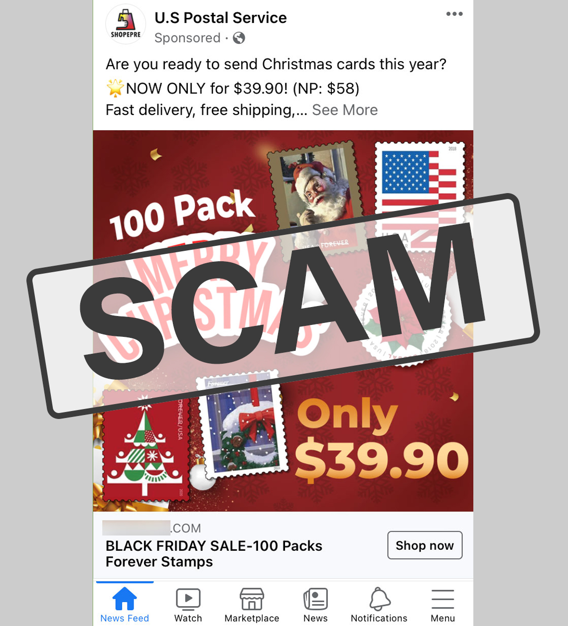 screenshot of a fraudulent facebook ad for fake postage stamps at a reduced price with the word scam stamped on top of it