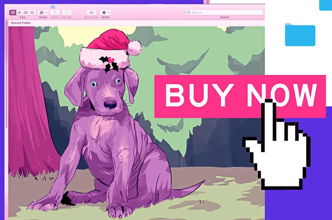 Tira cómica de un perro con un sombrero de navidad en una pantalla de computadora y una mano sobre un botón que dice comprar ahora