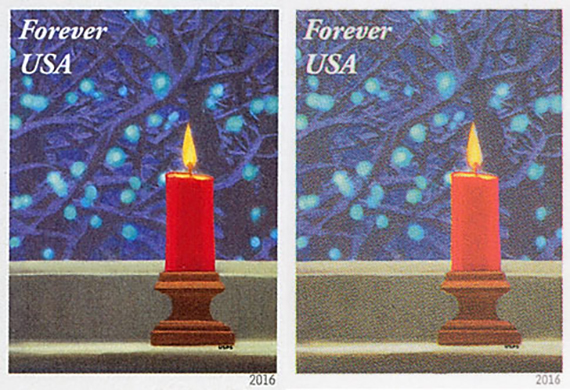 two images on the left is an actual postage stamp and on the right is a fake version of lower quality