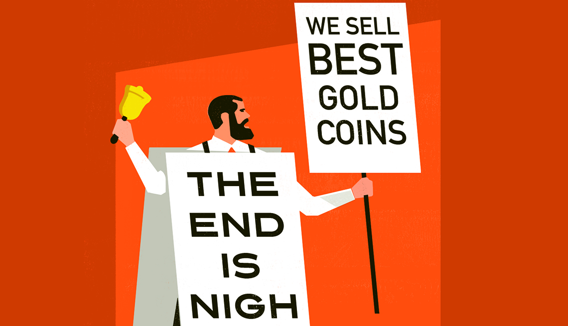 Ilustración de una persona que tiene un cartel en el cuerpo que dice el fin está cerca y otro en la mano que dice vendemos las mejores monedas de oro