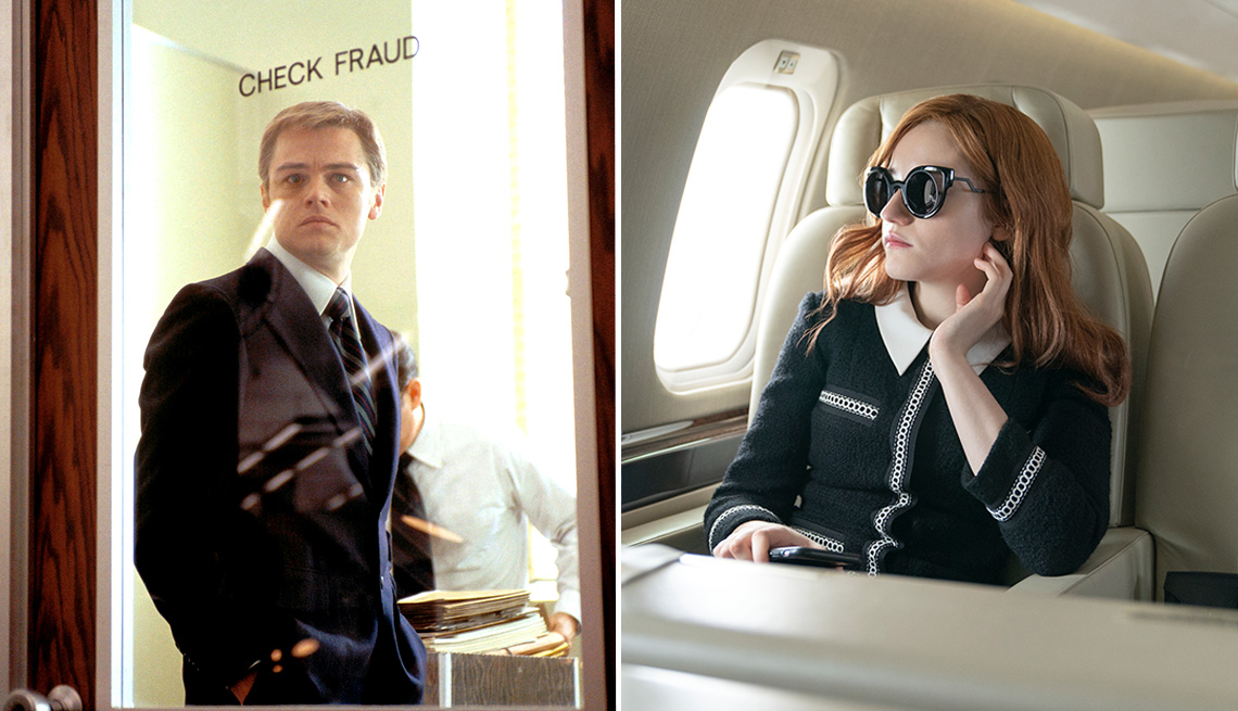 Leonardo DiCaprio looks through a door that says Check Fraud on the glass in the film Catch Me if You Can and Julia Garner sitting in a plane looking out a window in Inventing Anna