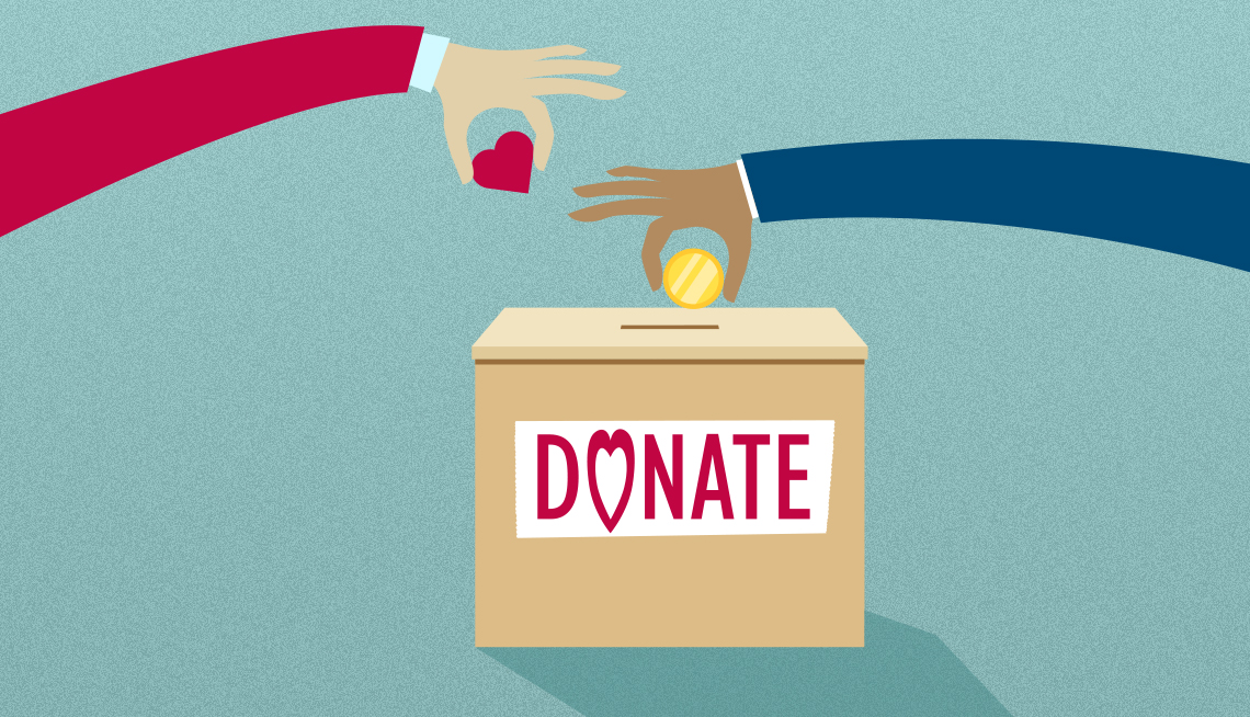 Ilustración de dos manos que colocan un corazón y una moneda en una caja de donaciones