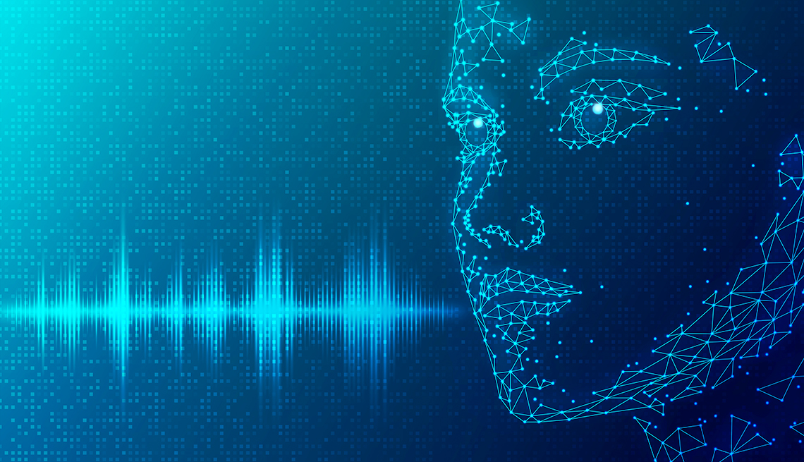 Ilustración de una cara hecha con datos y un audiograma al lado