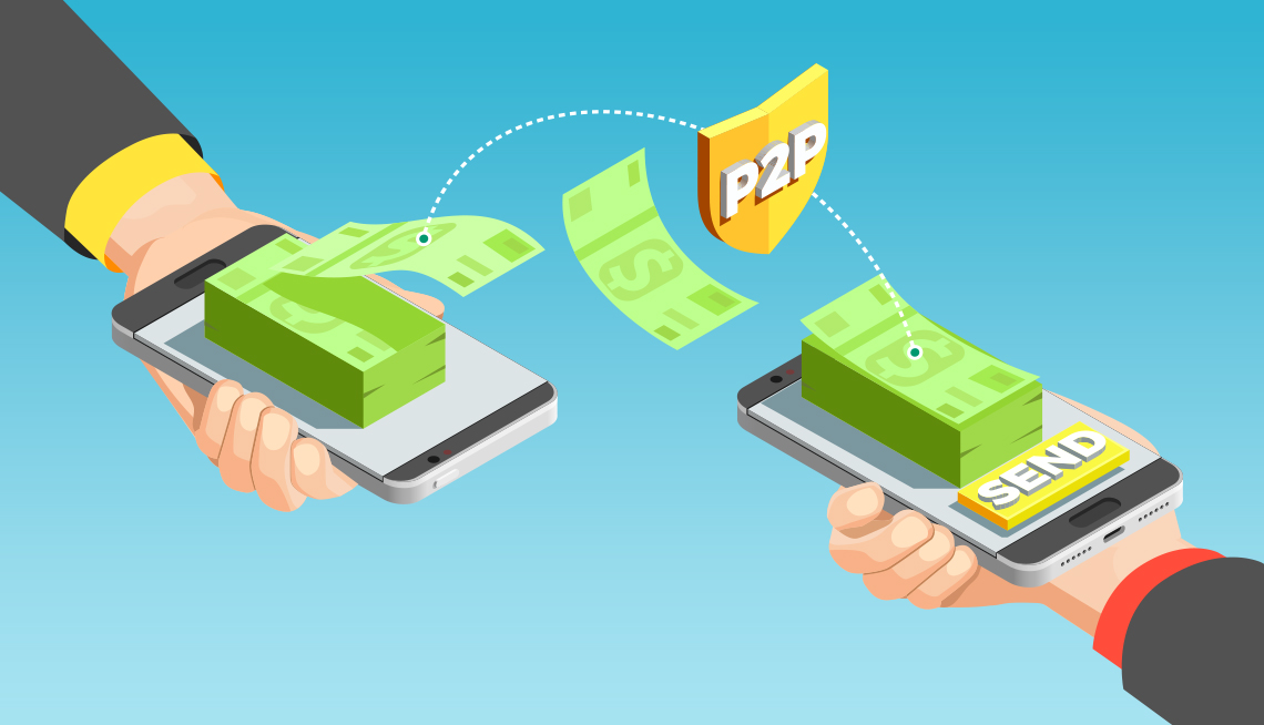 Ilustración de dos personas haciendo una transacción de dinero P2P de un teléfono a otro.