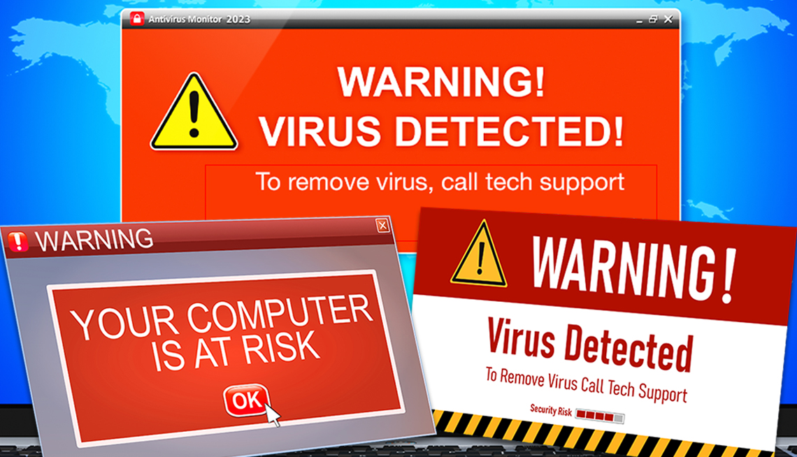 laptop with collection of fraudulent popup alert and warning windows directing users to call tech support