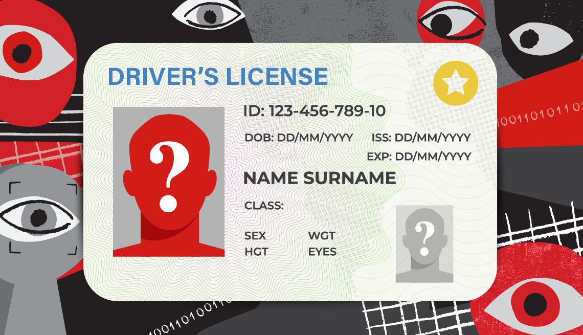 A driver's license surrounded by the watching eyes of scammers