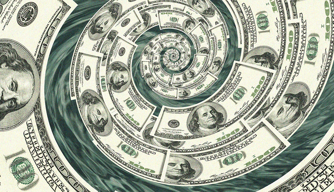 Many hundred dollar bills spinning down a drain or whirlpool in a spiral