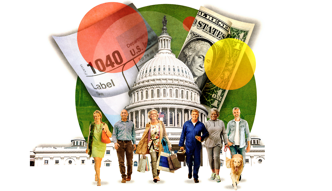 illustration of people, taxes, money and the U.S. capitol 
