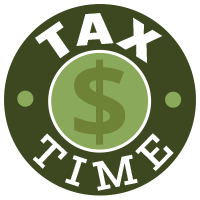 round button that says tax time around the edges  with a dollar symbol in the middle