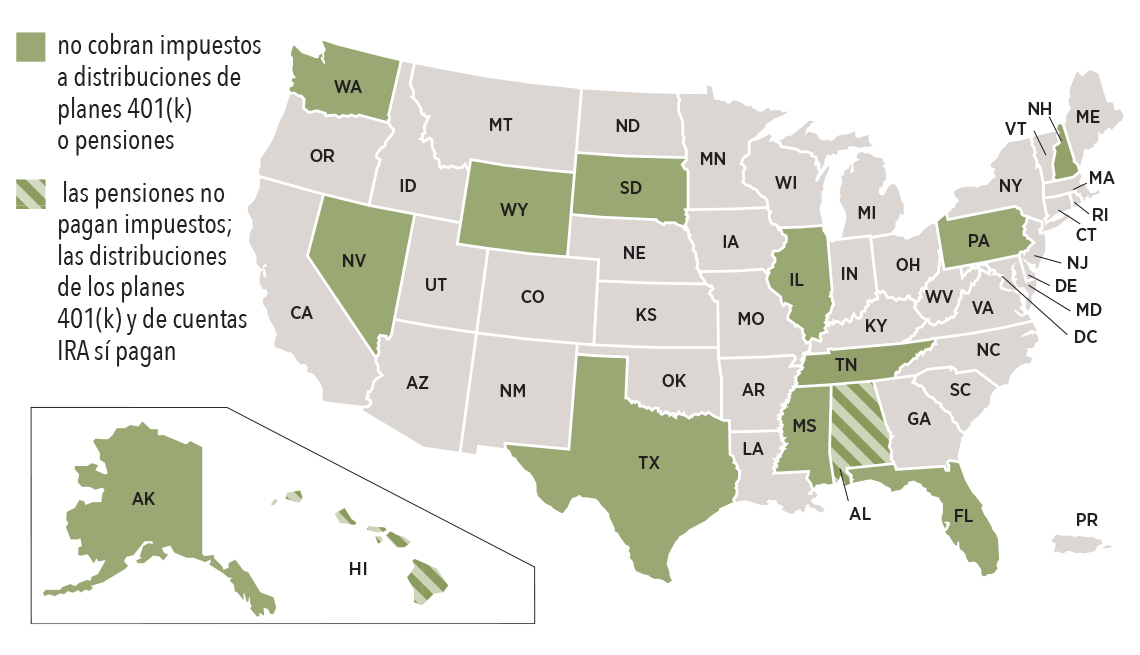 Mapa de Estados Unidos con los estados sin  impuestos a los ingresos de los planes de jubilación.