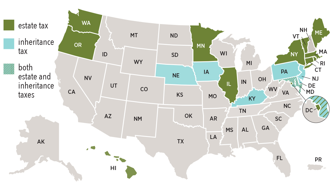 map that shows which U.S. states levy estate taxes, inheritance taxes or both