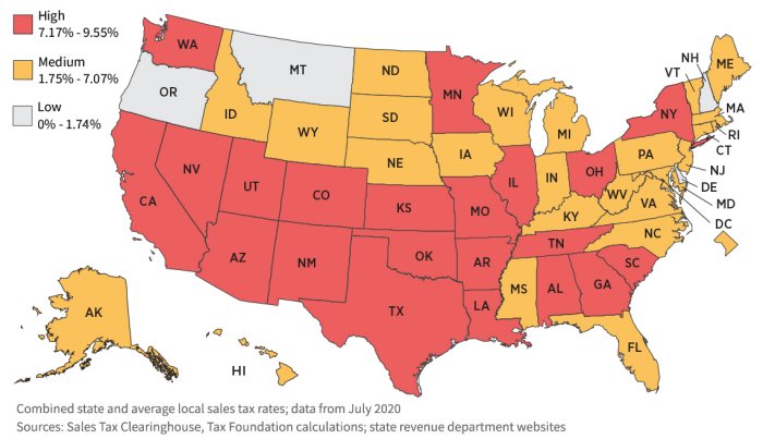 map showing which states have high medium and low rates of combined state and local sales tax