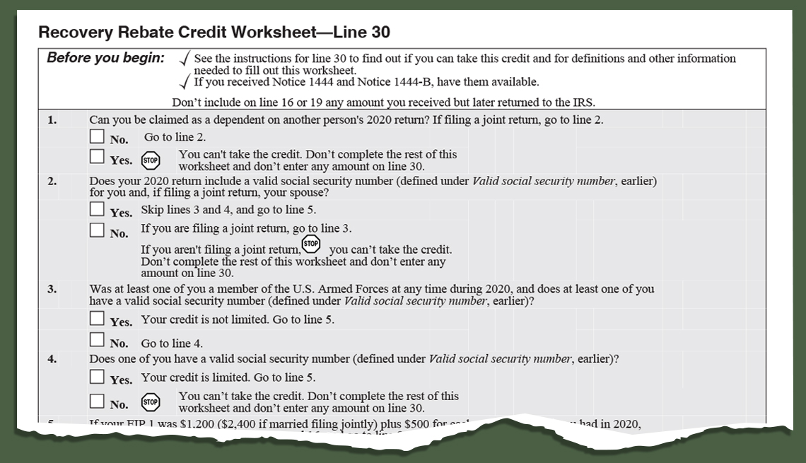 screenshot of a portion of the i r s recovery rebate credit worksheet