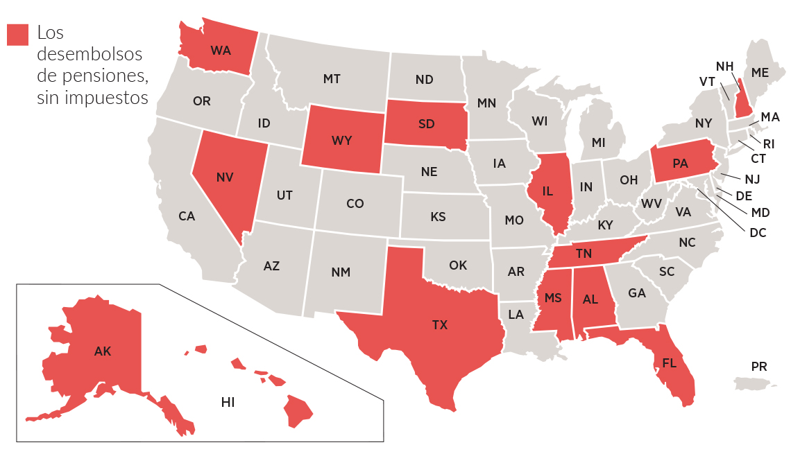 Mapa de los Estados Unidos que muestra los estados sin cobro sobre las pensiones.