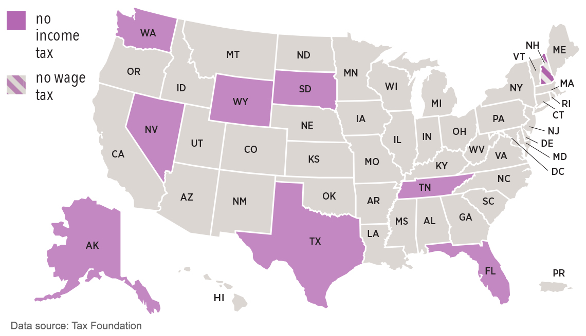 u s map showing which states do not tax income tax and wages