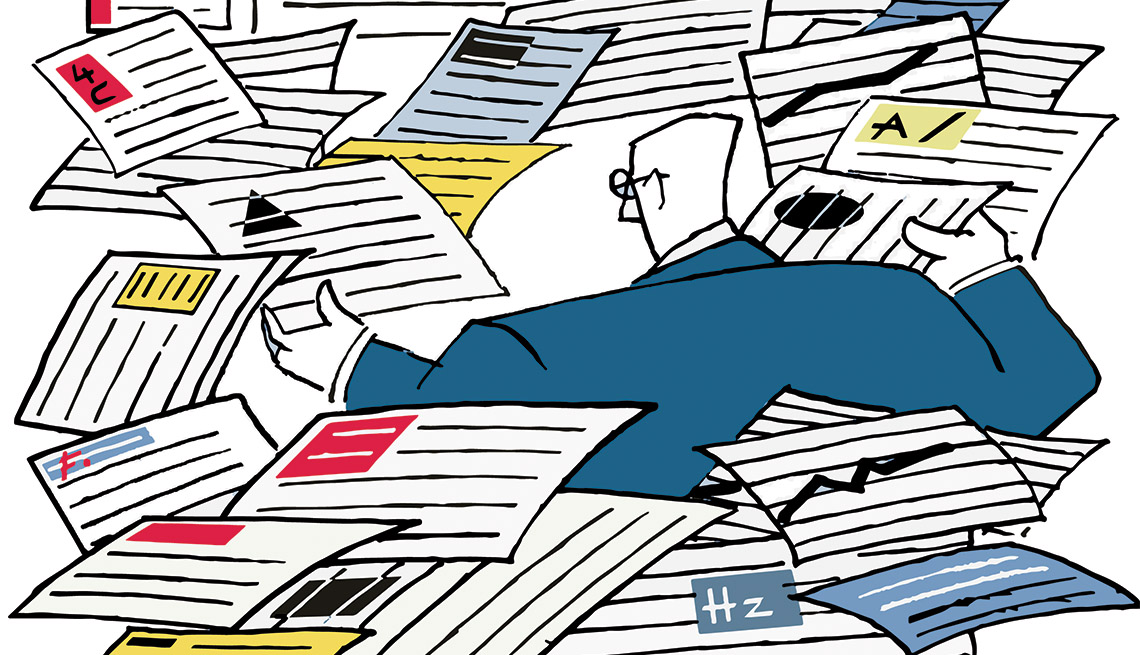 an illustration of a man surrounded by a flurry of paperwork that look like tax forms