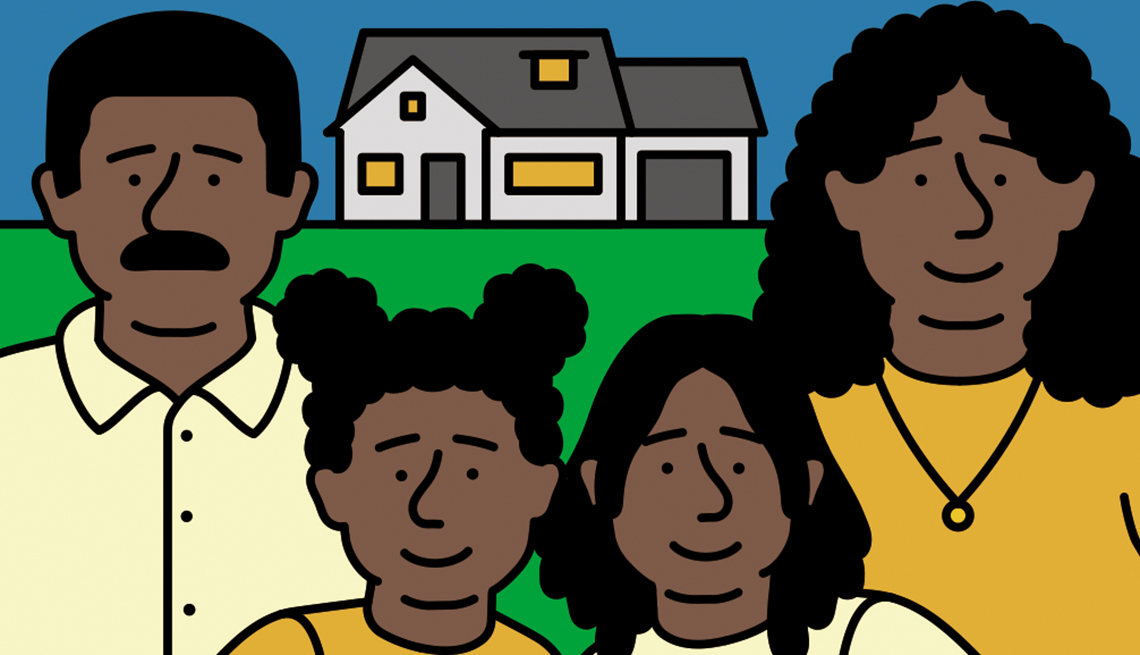 Ilustración de una pareja y sus dos hijos delante de una casa