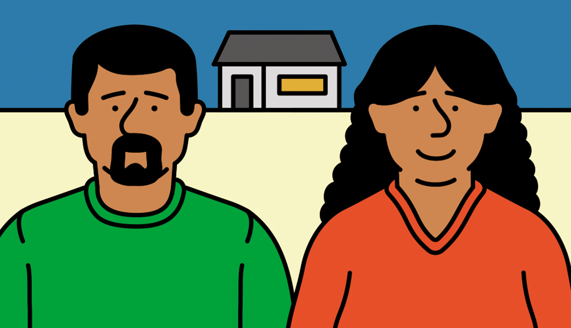 Ilustración de una pareja delante de una casa
