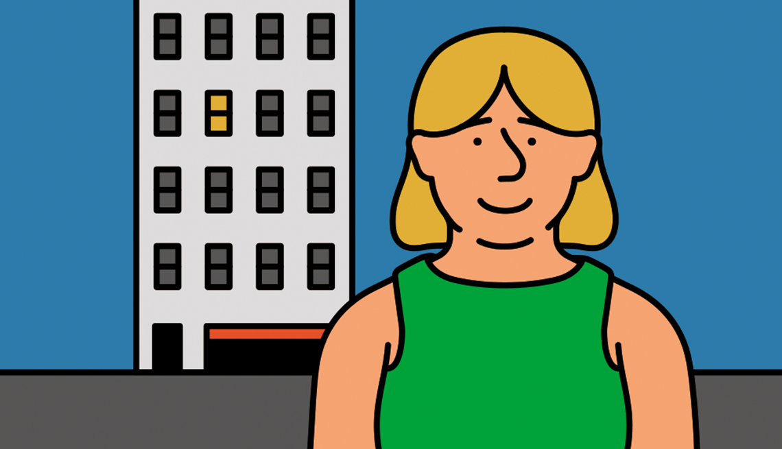 Ilustración de una mujer delante de un edificio de apartamentos para rentar