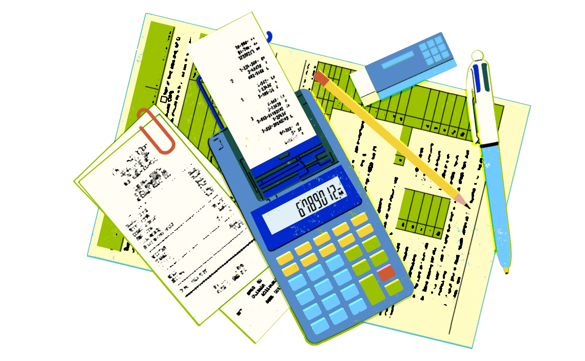 Ilustración que muestra recibos, una planilla, una calculadora, un lápiz y un bolígrafo